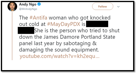 The patrons poured outside the bar to confront the attackers, and Patriot Prayer weirdo Ian Kramer was arrested after he broke a woman’s neck with a baton. While she was in the hospital, Andy Ngo published her name.