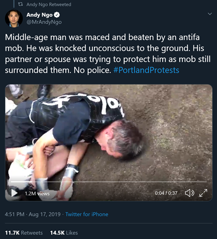 Let’s start with Portland this weekend, and this viral tweet about a poor middle-aged man who was maced and beaten as a mob surrounded them. Andy’s video begins with the man already on the ground.