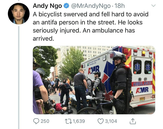 And this next bit is thick with irony: Not only did Andy misrepresent the right-wing bike incident, but he later spread misinformation claiming a traffic accident near the protest was caused by antifa.