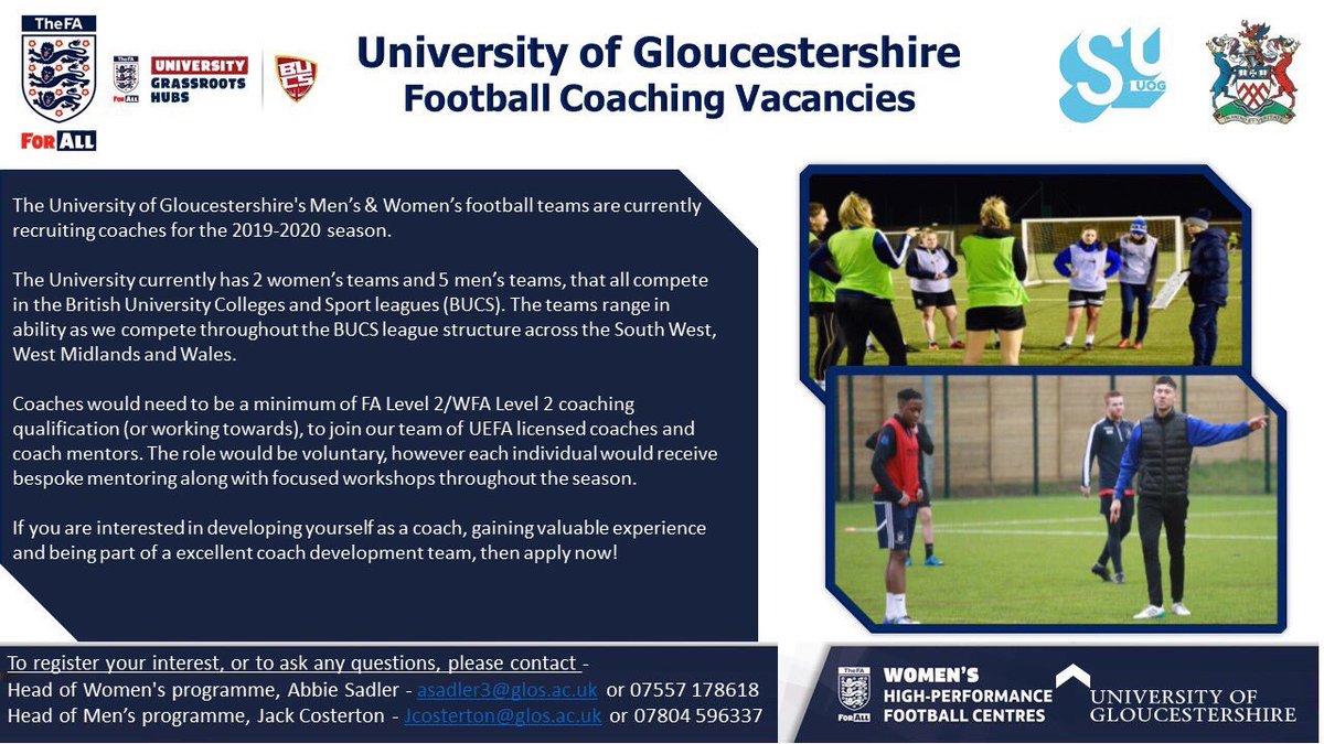 Start your coaching journey with the University of Gloucestershire Men’s football teams...Vacancies open now! ⚽️ #UniversityCoaching <a href="/GlosFA/">Gloucestershire FA ⚽</a>