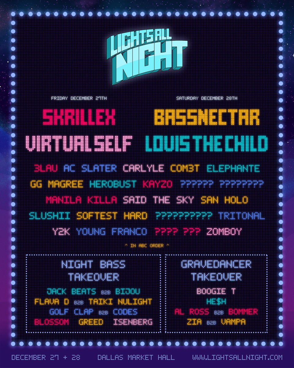 Your phase one Lights All Night lineup is HERE! 🎂✨ RT for a chance to win 4 VIP tickets 4 your squad. Tickets are on-sale this THURSDAY 🙏 sign up for the #LAN2019 pre-sale to get yours for the best price possible! ➡️ arep.co/p/LAN-presale