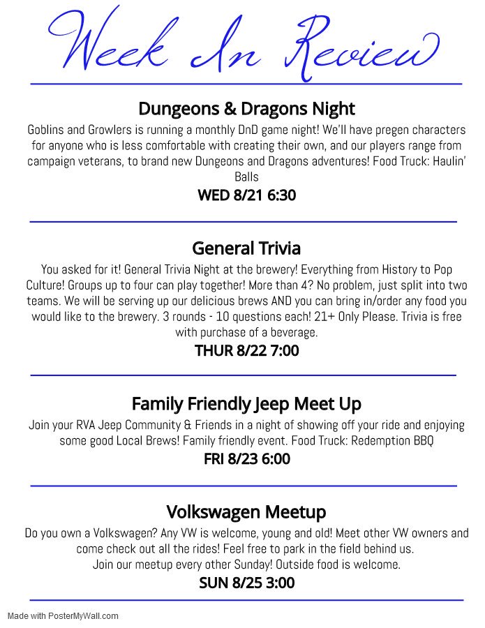 Intermission_BC's tweet photo. Week In Review!
Tue- Open 5-9! Say hi to Kate!
Wed - Dungeons &amp; Dragons w/ @goblinsgrowlers - Food Truck: Haulin' Balls 6:30
Thur - General #Trivia Night! 7
Fri - #Jeep Meetup - Food Truck: Redemption #BBQ 6
Sun - #VW Meetup 3

#DnD #beer #jeeplife #CraftBeer #RVA #foodtruck https://t.co/dxvmlw0Wlo