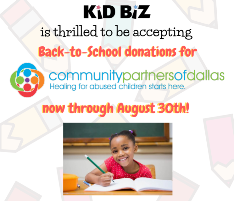 Don’t forget — <a href="/KidBiz_TheBiz/">KidBiz_TheBiz</a> is a school supply drop-off location for the <a href="/cpdtx/">Community Partners of Dallas</a> Back-To-School Drive! Until Aug. 30, you can get a $10 gift card if donate school supplies to help kids in need. #backtoschool #communitypartnersdallas #shopkidbiz #KidBiz #inwoodvillage #VPRClient