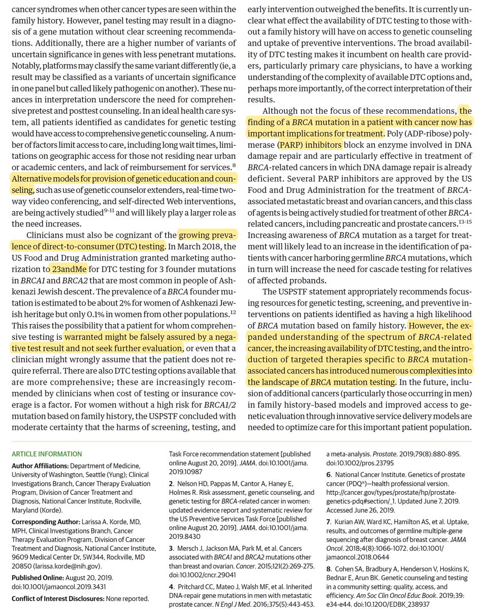 EricTopol's tweet image. Today US Preventive Services Task Force new recommendations for #BRCA screening in women w/multiple @JAMA_Current papers, editorials. I think this one summarizes the status best, by Rachel Yung, @laroo_wa @JAMAOnc jamanetwork.com/journals/jamao… Still evolving....the story in men ignored