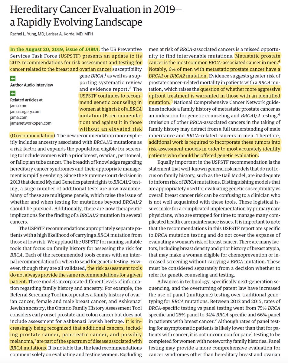 EricTopol's tweet image. Today US Preventive Services Task Force new recommendations for #BRCA screening in women w/multiple @JAMA_Current papers, editorials. I think this one summarizes the status best, by Rachel Yung, @laroo_wa @JAMAOnc jamanetwork.com/journals/jamao… Still evolving....the story in men ignored
