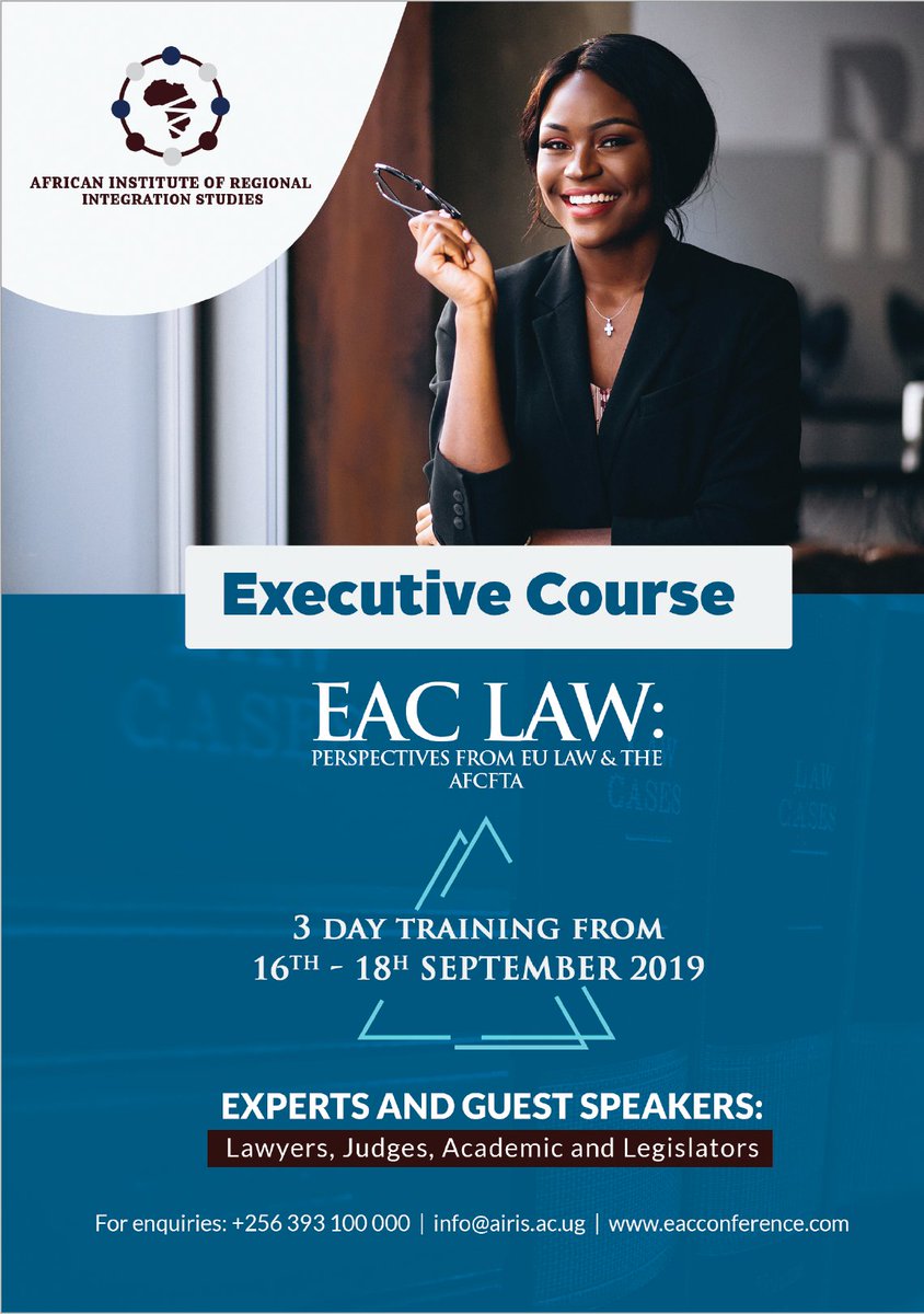 airis_institute's tweet photo. As part of our mission to fill the knowledge gap on the  Regional Integration processes in Africa, we are conducting an Executive Course on EAC Law from 16th-18th September 2019.
Reserve your place for this programme by emailing info@airis.ac.ug .  #AfCFTA #EAC https://t.co/9PU9hy6mpj