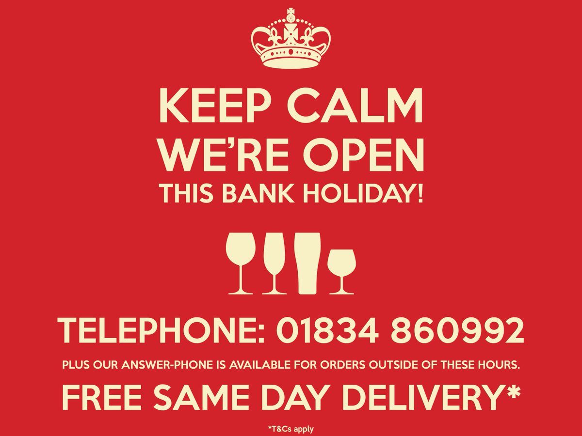 The August bank holiday is just around the corner!

We'll be delivering as normal during the long weekend, but we'd appreciate our customers getting their orders in early to guarantee delivery.

To place your order, call Templeton Beer Wine &amp; Spirit Co Ltd on 01834 860992