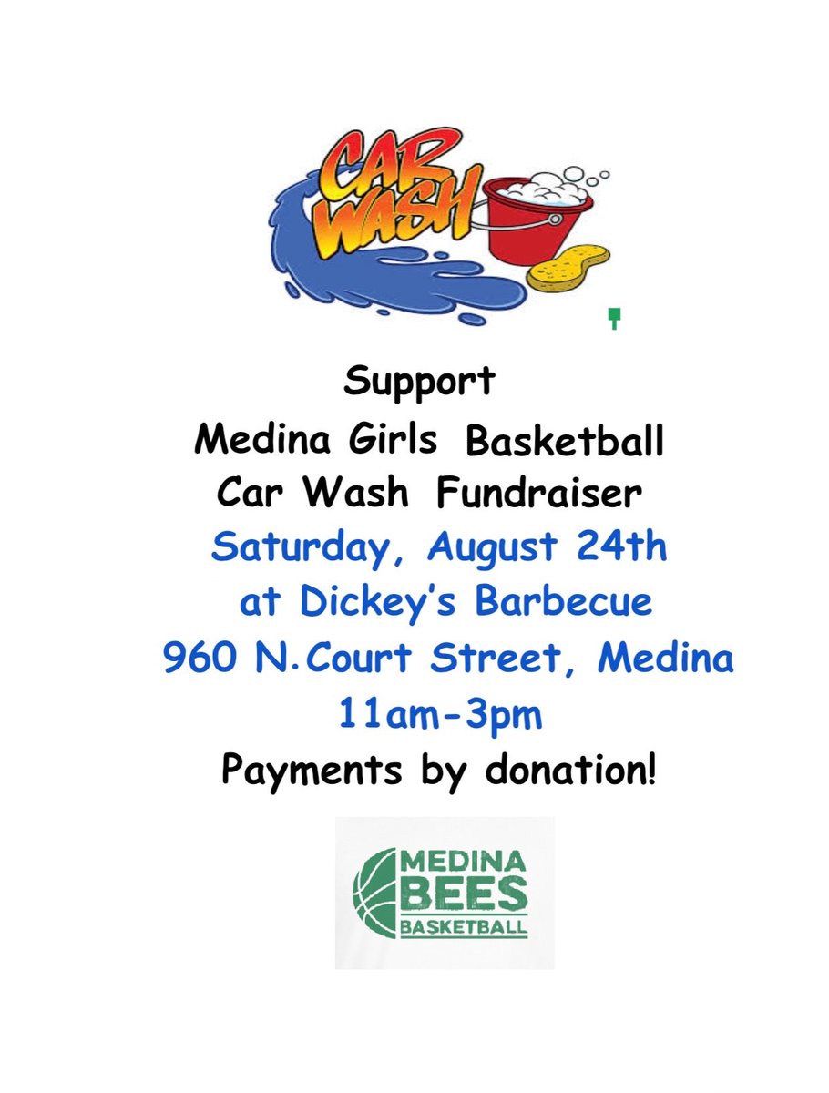 MedinaBoosters's tweet photo. Don't wash that car this week--get it washed this weekend by @medinagbball this Saturday from 11a-3p @Dickeys on Court St.  All proceeds and donations go towards team travel gear &amp; practice uniforms.  BEE There! @medinaathletics #1Team1Dream https://t.co/Pbn5BmmhE4