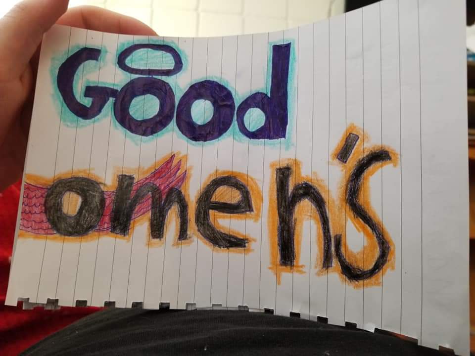 LoathingPlum's tweet photo. .@neilhimself my 10 year old daughter drew me a #GoodOmens book <3  1/2 https://t.co/drkrCzxpD8