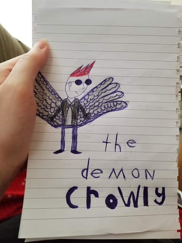 LoathingPlum's tweet photo. .@neilhimself my 10 year old daughter drew me a #GoodOmens book <3  1/2 https://t.co/drkrCzxpD8