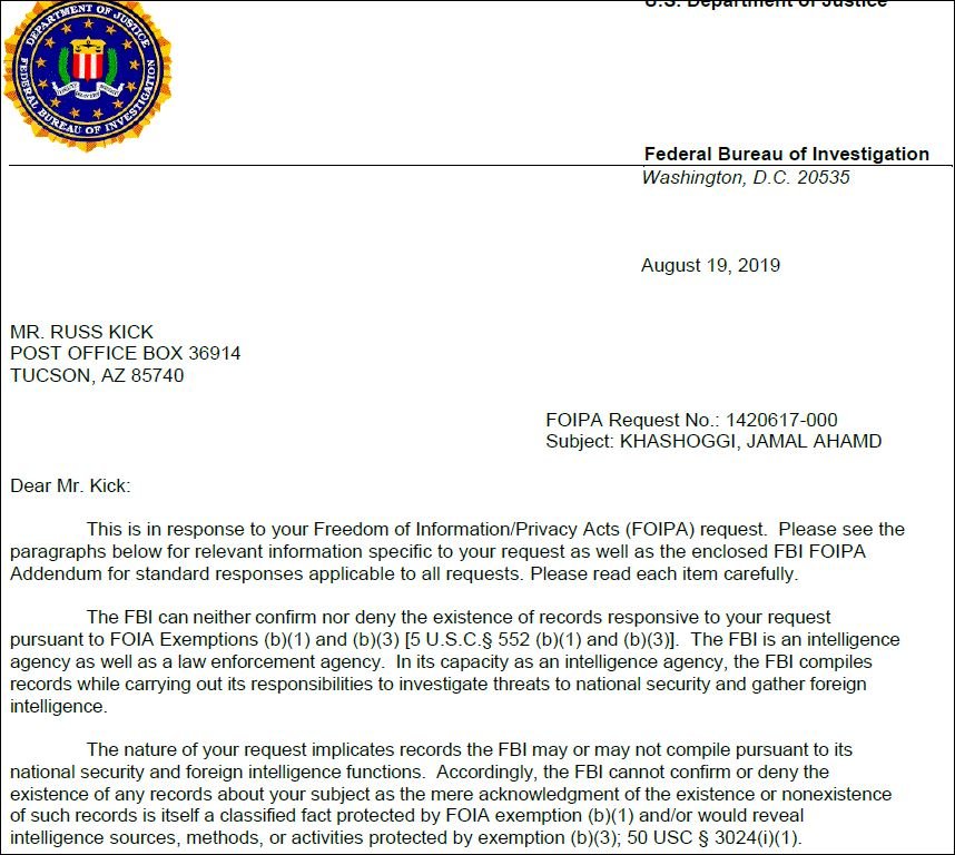The FBI can neither confirm nor deny the existence of records responsive to your request
pursuant to FOIA Exemptions (b)(1) and (b)(3) [5 U.S.C.§ 552 (b)(1) and (b)(3)]. The FBI is an intelligence
agency as well as a law enforcement agency. In its capacity as an intelligence agency, the FBI compiles
records while carrying out its responsibilities to investigate threats to national security and gather foreign
intellig