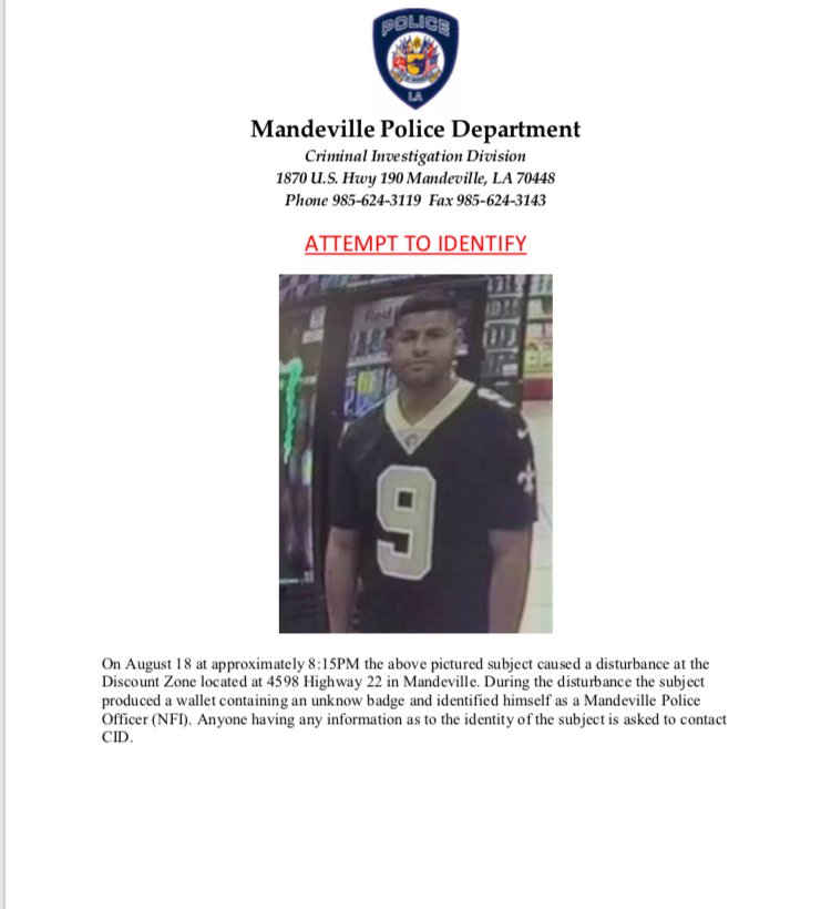 MandevillePD's tweet photo. WHO DAT knows the identity of this Mandeville Police Officer impersonator? If anyone knows of his whereabouts please contact the Mandeville Police Department so we can have him come pick up his “uniform”. 😉. #whodatofficer https://t.co/j8e6YikPuY