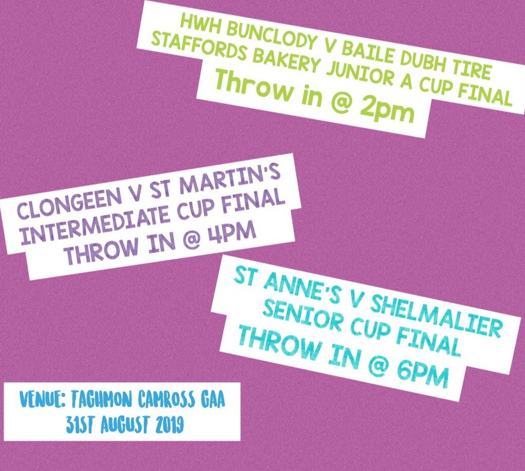WexLadiesFoot's tweet photo. So who'll be Crowned our Senior, Intermediate and Junior A Champions 2️⃣0️⃣1️⃣9️⃣ on County Final day 🤔🤔
Come along to @taghmoncamross of Aug 31st details below
⬇️⬇️⬇️
@OfficialHWHBun
@StMartinsGAA 
@ClongeenLGAA 
@Marshalstowngaa 
@ShelmalierLFC
@StAnnes_GAA https://t.co/j6lJkSUzwn