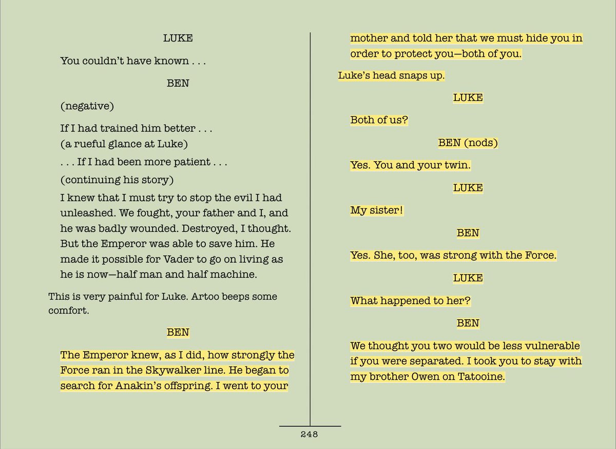 3. In the September 1981 second draft by Lucas and Lawrence Kasdan, Luke was taken to Obi-Wan’s brother Owen on Tatooine & Leia taken to Alderaan by their mother, who died soon after. In the same scene, Obi-Wan calls Luke “ #TheLastJedi”.MYTH CONFIRMED #StarWars  #ReturnoftheJedi &ndash; bei  Lucasfilm Ltd