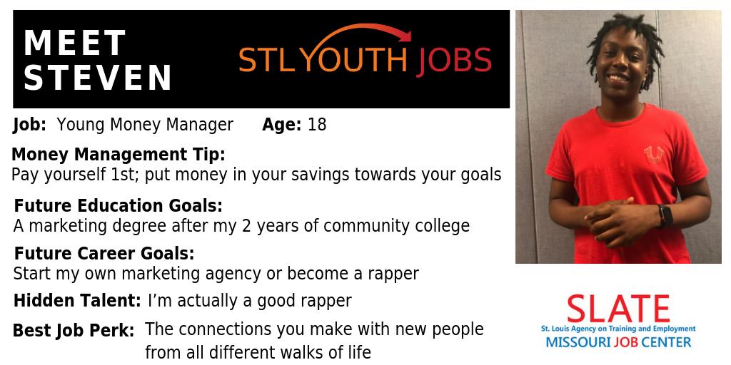 StlYouthJobs's tweet photo. Meet Steven: a @ymmstlcity participant taking the world on through savings, marketing, and rapping. So much talent!
@SLATE_MCC @1stFinancial @CFEfund @Citi Foundation
#smartsavings #peertopeer #summerjobsconnect #FutureSTL #smartfinances #moneymanagementtip https://t.co/GZTPZp5JM5