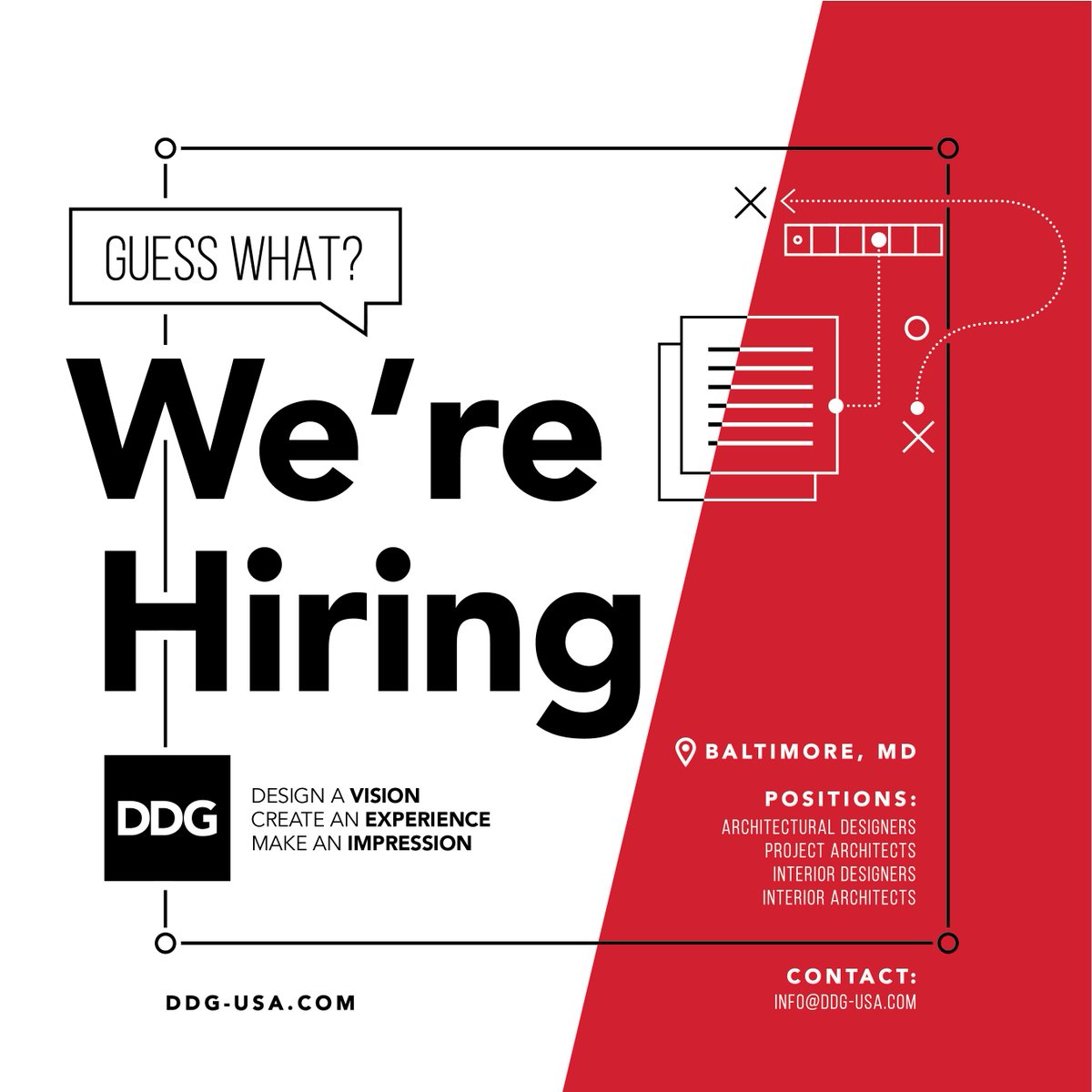 Put the word out, DDG is looking for talented designers to join our team! Reach out to info@ddg-usa.com for more information. #jointheteam #wearehiring #architecturejobs