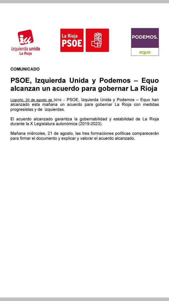 Podemos_LaRioja's tweet photo. La ciudadanía nos ha exigido llegar a acuerdos y hemos trabajado sin descanso para lograrlo. Hoy hemos conseguido el pacto para echar al PP del Gobierno de La Rioja y poder llevar a cabo las políticas progresistas que merece y necesita esta comunidad. https://t.co/IV68KxDr1q