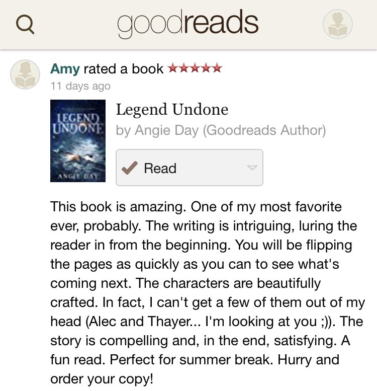 angiedayauthor's tweet photo. “You will be flipping pages as fast as you can to see what’s coming next.”
⭐️⭐️⭐️⭐️⭐️
Another great review from an early reader! Make sure to add this book to your Goodreads list.
#LegendUndone #bookreview #writingcommunity #goodreads https://t.co/HgR240Jr3z