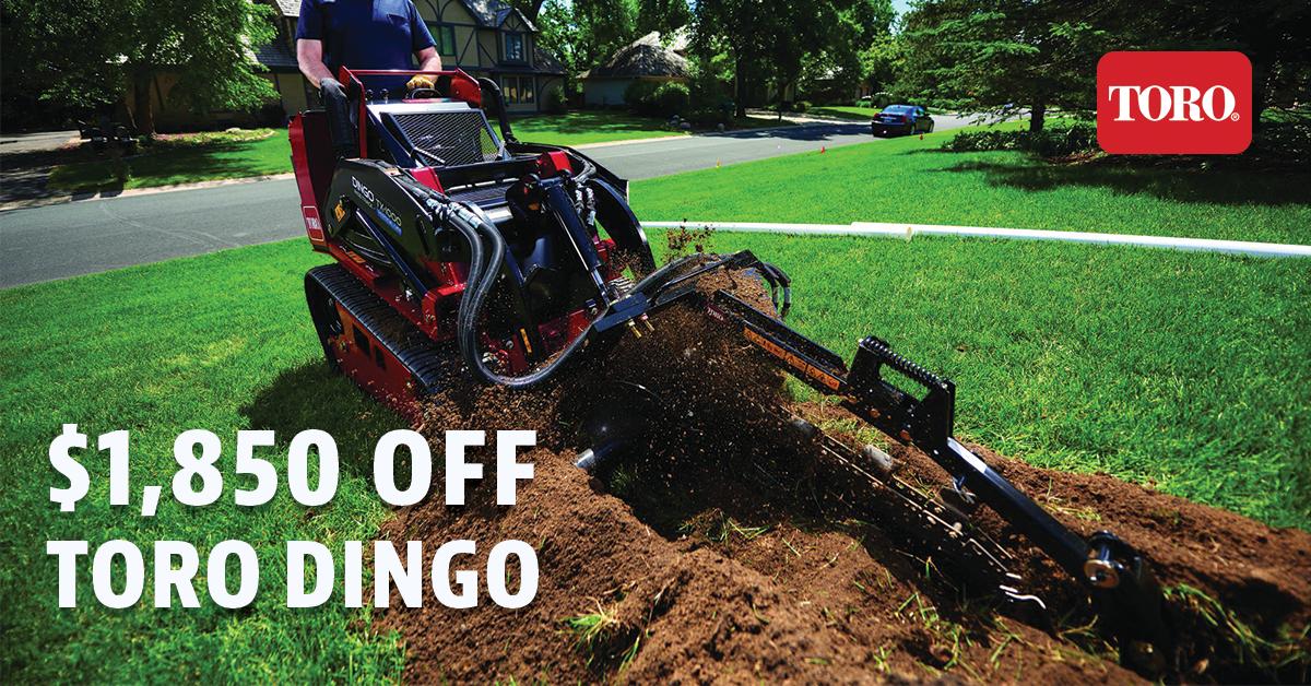 Have you seen our new line of Toro Dingos?  It does the work of several machines in one!  It has attachments for trenching, forklifts, buckets and more!  For a limited time only, get up to $1,850 OFF select Toro Dingo machines!

Get your FREE quote here: 
ow.ly/Nxjb50vBysp