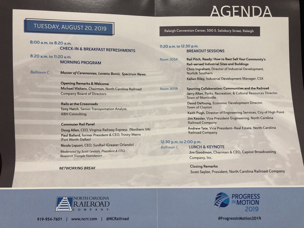 MorrisvilleNC's tweet photo. Hearing about the future of commuter rail (also in Morrisville’s future and the impact of @NCRailroad to our region. #ProgressInMotion2019 https://t.co/Kt5Vi6fOr1