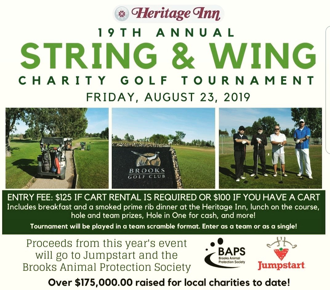 BAPSBrooksAB's tweet photo. FORE! ⛳🏌️♂️⛳🏌️♀️The Heritage Inn String & Wing golf tourney is Friday🥳
BAPS is one of the charities, and there's still time to enter!
Not a golfer?
Sponsorships and prize donations are welcome too!
Contact Eric 403-362-6666 for details #BAPSBrooks #charitygolf #heritageinn https://t.co/FCOtKIDX1C