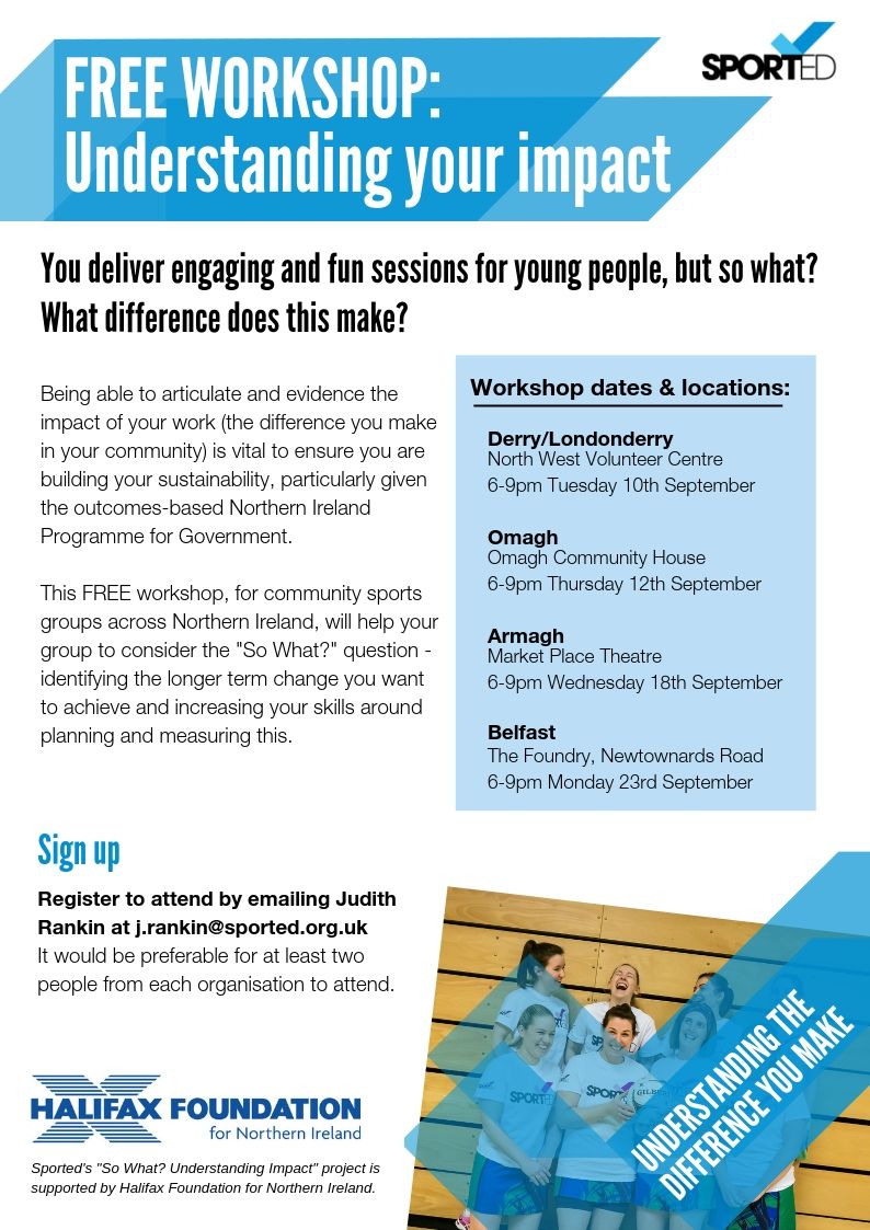 sported_NI's tweet photo. Excited for our "So what" @sported_vols training tonight! 

A new project supported by @halifaxni that will give sports groups the language and tools to strengthen their planning, funding applications and communications.

Register now, spaces are going quick! https://t.co/Av4eUZd8YC