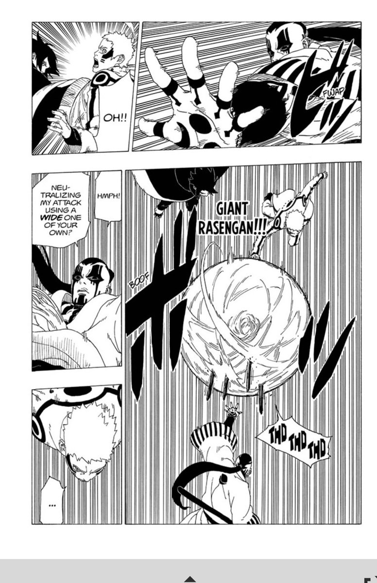 YannYowane's tweet photo. #Borutochapter37 1 thing I like about Naruto is the fact that he digs someone’s ability quickly. Like this scene here. Jigen got them from behind, Naruto knowing that he‘d launch those “invisible” rods countered them with a Giant rasengan. That was a life saving reaction there. https://t.co/vtV8Su4qRG