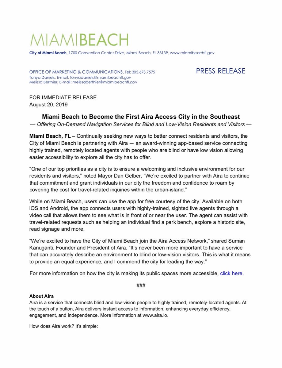 MiamiBeachNews's tweet photo. Miami Beach to Become the First @airaio Access City in the Southeast — Offering On-Demand Navigation Services for Blind and Low-Vision Residents and Visitors https://t.co/HqnWFJO8aP