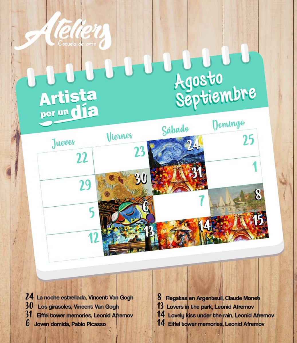 escuelaateliers's tweet photo. Tu sesión estará acompañada de snack 🌮 y copa de vino🍷
Conoce nuestro calendario de AGOSTO - SEPTIEMBRE y prográmate para pintar la obra que más te guste. 
🏫CRA. 10#117a-70
Recibimos todas las 💳
RESERVA TÚ CUPO ¡YA! 📲 320 2103177 ☎️ 6418321 📩 escuelaateliers@gmail.com https://t.co/RULcGO69Pc