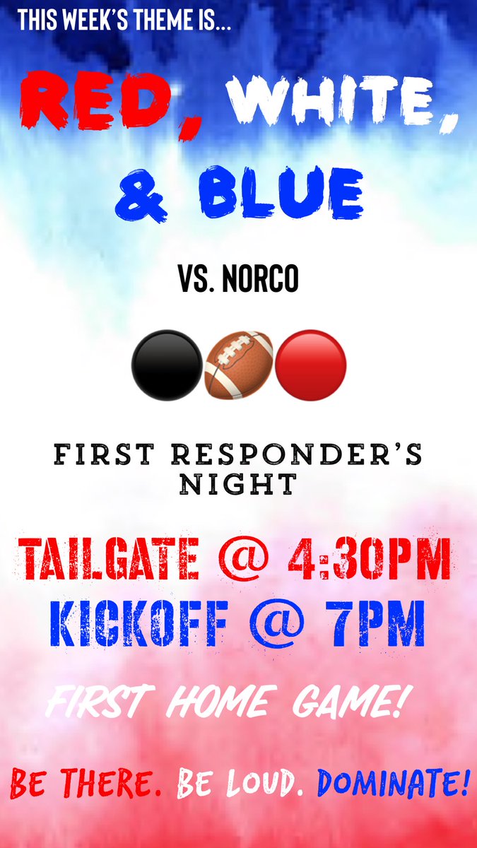 WFHSBigRedRage's tweet photo. ⚫️🏈🔴 IT’S GO TIME!!! This Friday is our first home game! It’s First Responder’s Night and the theme is 🇺🇸🗽RED, WHITE, AND BLUE🗽🇺🇸! We need everyone out, it’s time to PACK THE STANDS! ⚫️🏈🔴 https://t.co/xBo6Hmht7E