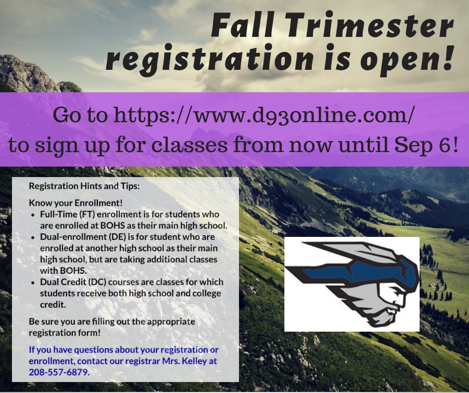 BOHSMountaineer's tweet photo. Fall trimester registration is now open for BOHS classes! You can sign up from now until September 6th. Go to our website and follow the instructions there to enroll. https://t.co/PKhg8pKcbw @bjsd93 @Hillcrest_H_S @BeesAdmin https://t.co/wk2zobuyCZ