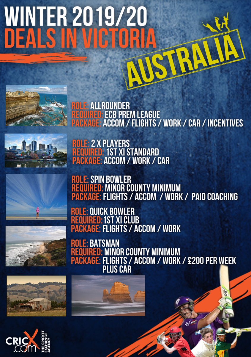 JamesColeCricX's tweet photo. 📢Calling all #County19s #MinorCounty & #ECBPremierLeague lads!
We at @cricketagency have options all over 🇦🇺Australia & 🇳🇿New Zealand this winter!
Some serious 💸deals available!
DM message for further info 🙌
📩jcole@cricx.com https://t.co/tBeIBsxR5b