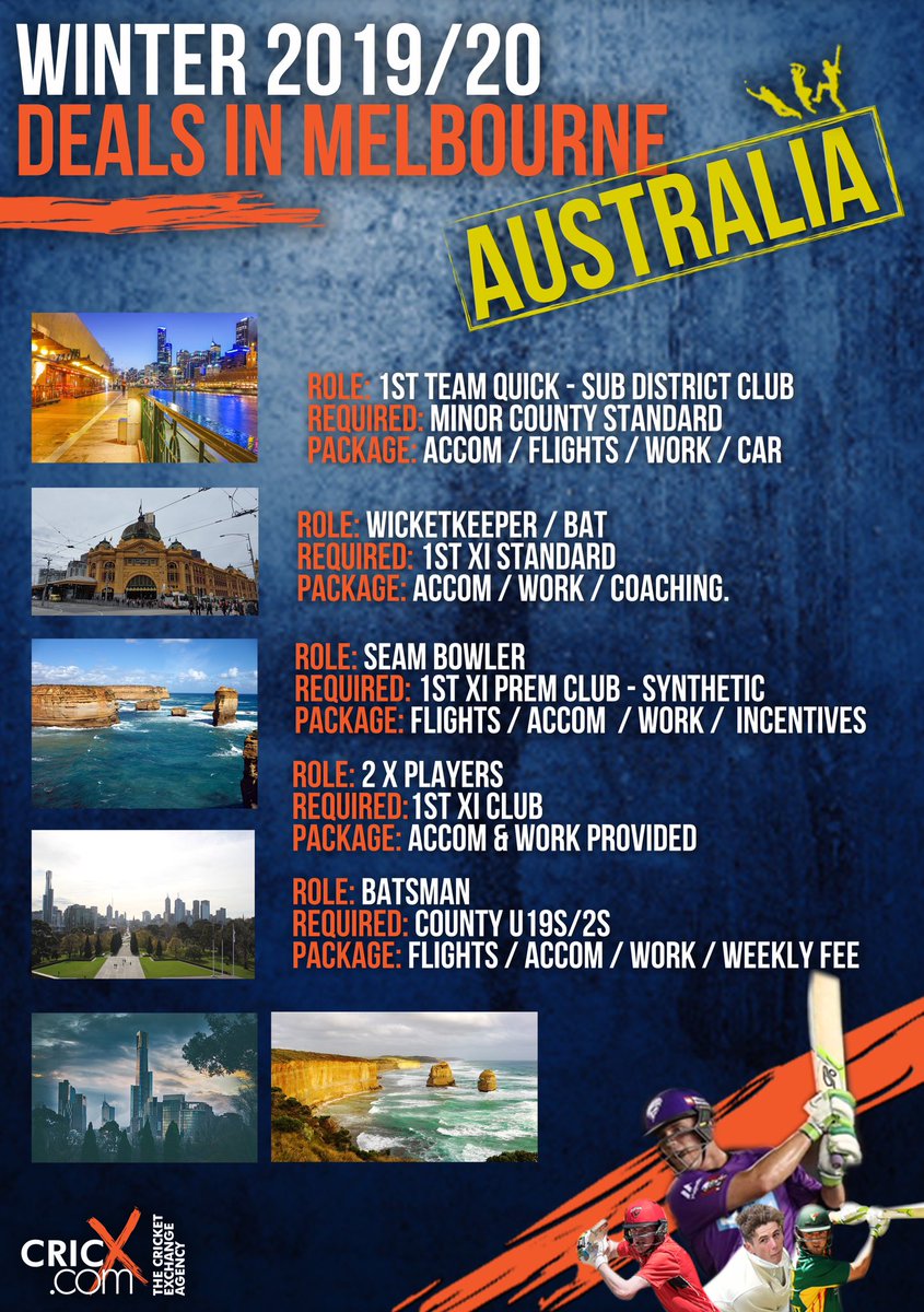 JamesColeCricX's tweet photo. 📢Calling all #County19s #MinorCounty & #ECBPremierLeague lads!
We at @cricketagency have options all over 🇦🇺Australia & 🇳🇿New Zealand this winter!
Some serious 💸deals available!
DM message for further info 🙌
📩jcole@cricx.com https://t.co/tBeIBsxR5b