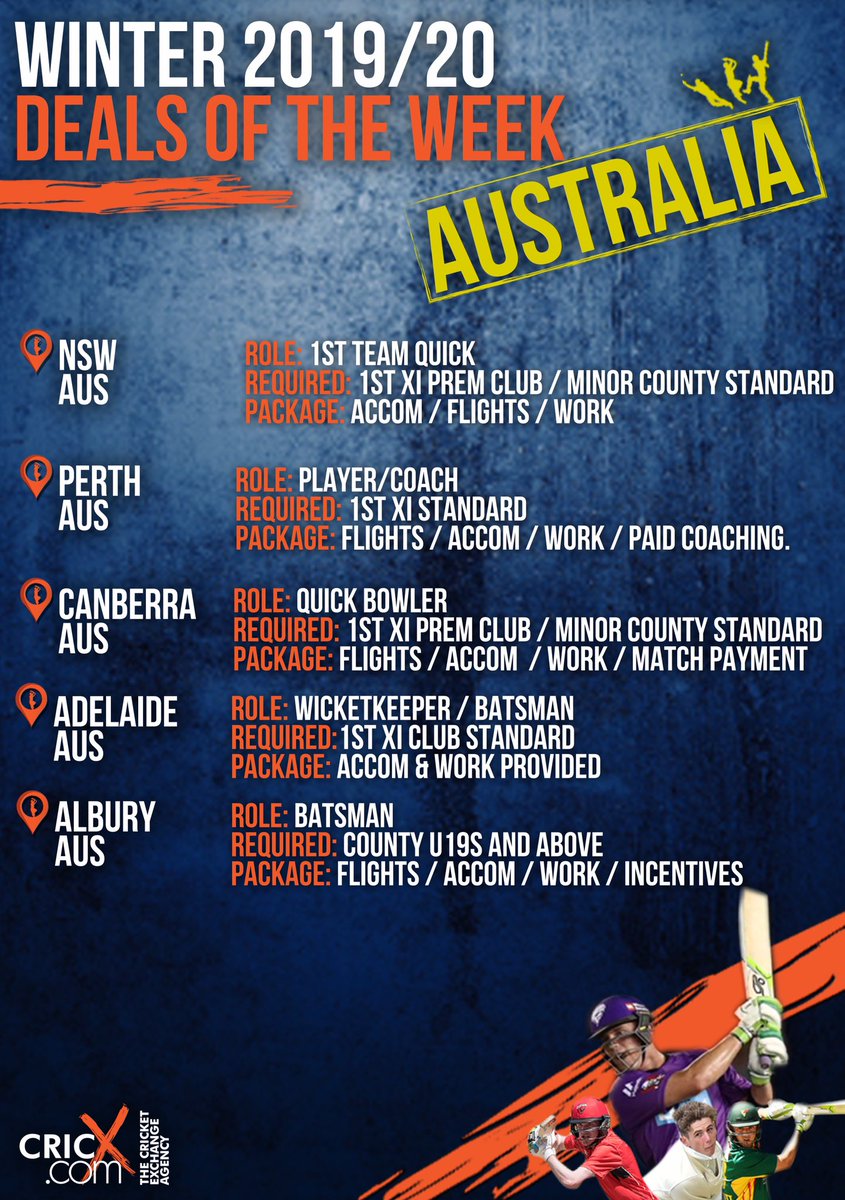 JamesColeCricX's tweet photo. 📢Calling all #County19s #MinorCounty & #ECBPremierLeague lads!
We at @cricketagency have options all over 🇦🇺Australia & 🇳🇿New Zealand this winter!
Some serious 💸deals available!
DM message for further info 🙌
📩jcole@cricx.com https://t.co/tBeIBsxR5b
