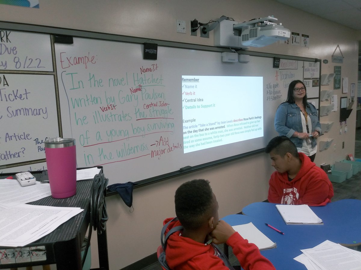 RCMSLitcoach's tweet photo. 6th grade ELA with perfectly aligned learning target driven instruction. Ms. Baert, Ms.Rolader, and Ms. Bechtel modeling how to think through and write an objective summary. @CampbellK1EDU @simmonsteacher @SSCMSStallions @missrolader @msbechtel https://t.co/QWbqSOibP5