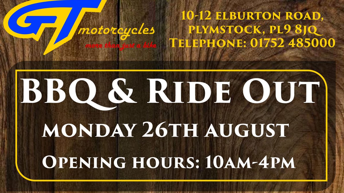 GTMotorcycles's tweet photo. Come and join us - Ride out at 2pm! #plymouth #biker #rideout #rider #bikes #BBQ #barbecue #bankholiday #monday #dealer #motorcycles #motorbikes #devon #cornwall #tentofour #wevebookedtheweather https://t.co/2ev4lvZN41