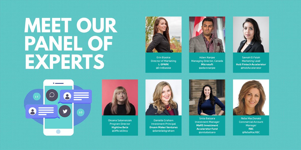 LSPARKGlobal's tweet image. Meet our expert panel! We’ll be chatting #startuptoolkit w/ @ErinBlaskie, @daniellebgraham (@DreamMakerVC), @adamnanjee (@msft4startups),  Samah (@HoltAccelerator), @snitabalsara (@MaRSDD), @OfficialOksy (@HighlineBETA), and @RebaMacRBC from our sponsor @RBC!