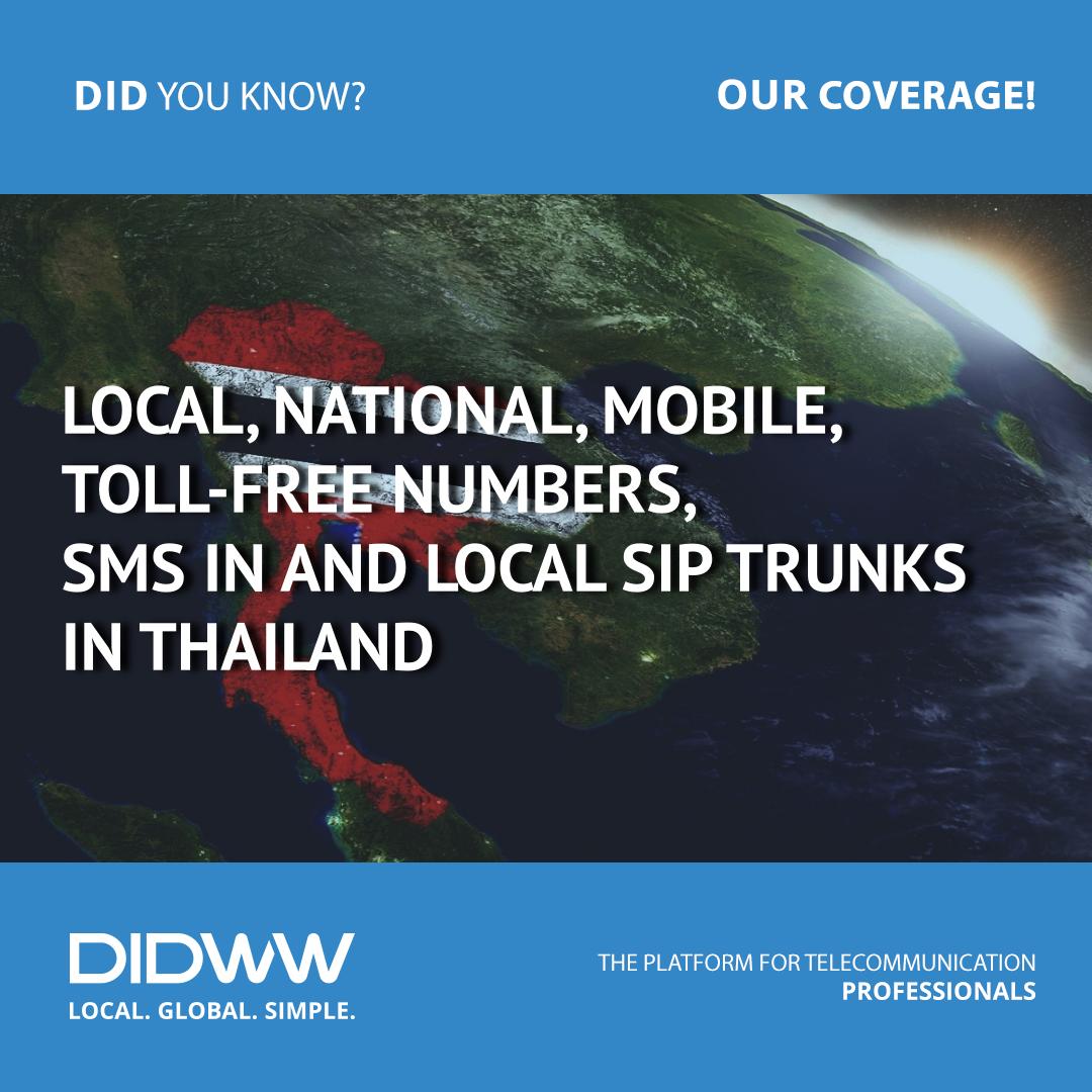 DIDWW's tweet image. #DIDWWCoverage #Thailand #LocalNumbers #NationalNumbers #MobileNumbers #TollFreeNumbers #SMSIn #LocalSIPTrunks #telecommunication