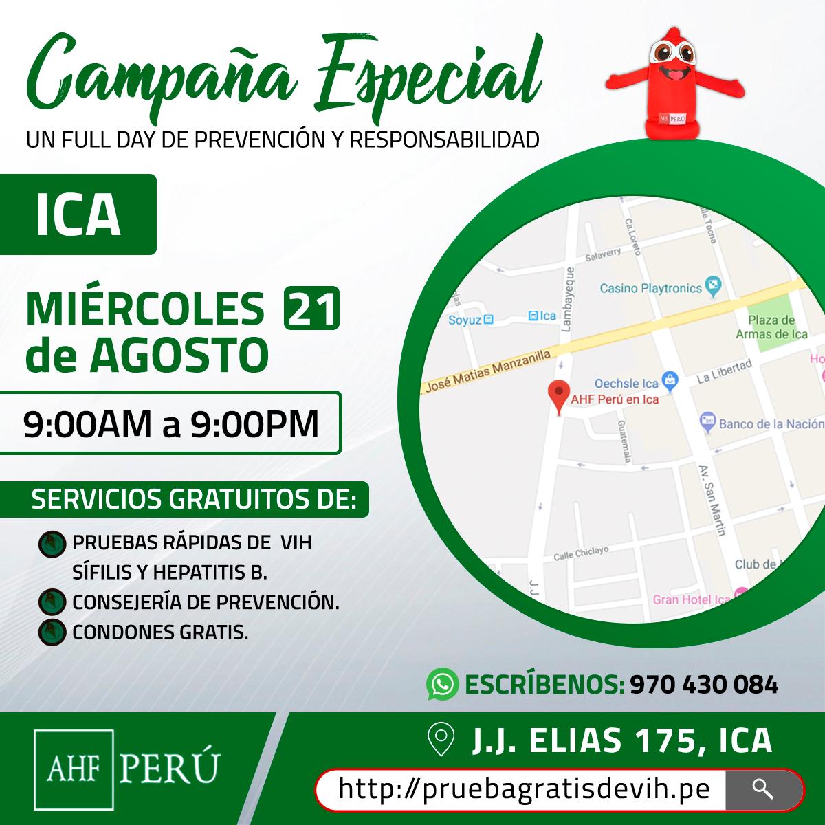 AHF_PERU's tweet photo. #Ica tenemos una campaña especial para ti este 21/08. Infórmate sobre el #VIH y hazte la prueba rápida gratis. Lo más importante es conocer tu diagnóstico. Recuerda que la mejor protección es usar preservativo. #PruébateYTrátate https://t.co/N1ONfWzfSR