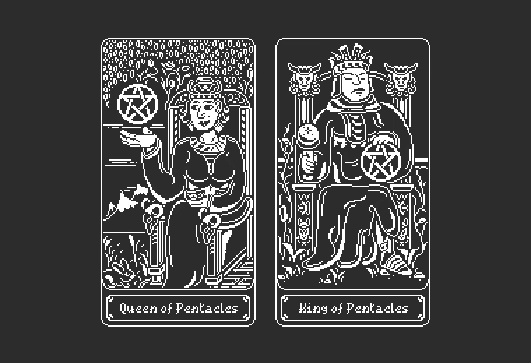 astrawitch's tweet photo. Rapidly approaching the end of the full #tarot deck. Rounding out court cards of the #1bit Arcana, with the King and Queen of Pentacles! https://t.co/a5O8yumAZl