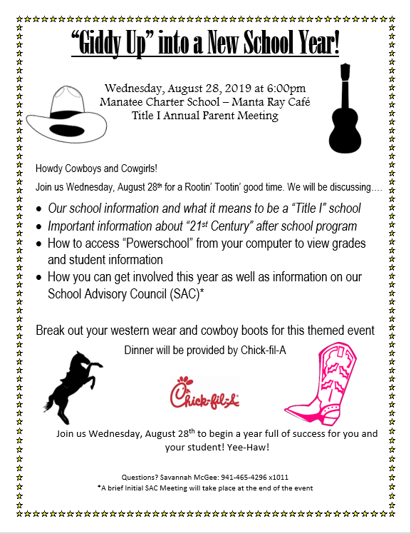 Manateecharter1's tweet image. Howdy Manta Ray families! Join us on Wednesday, August 28th for our Annual Title I Meeting. We hope y&apos;all can make it. #sailAway #gomcs #western #cowboysandgirls #yeehaw