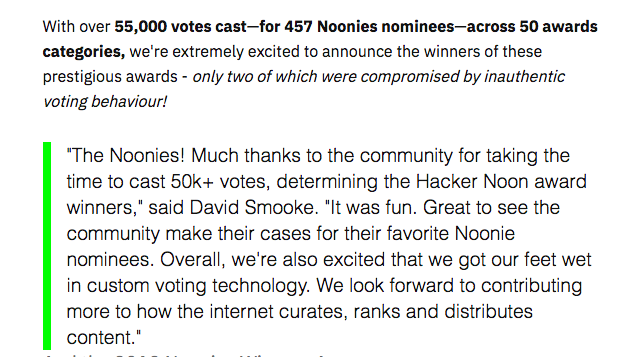 DavidSmooke's tweet photo. The #Noonies!!! @hackernoon's inaugural tech award winners announced today: https://t.co/sI35MDA4FZ 

learn more: https://t.co/3bkKRNgoPF https://t.co/kLs7CGXvaU