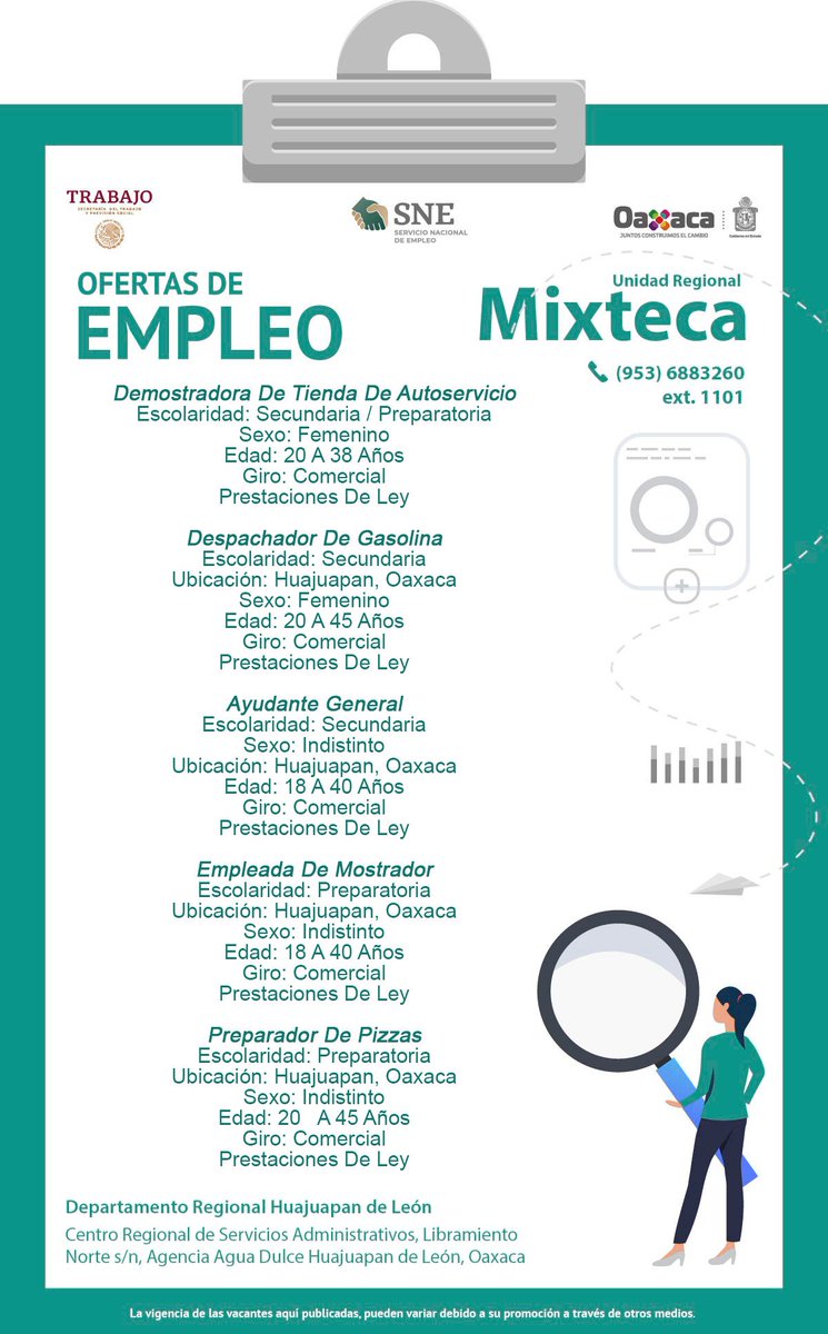 SNEOaxaca's tweet photo. Si estás en busca de un empleo formal, conoce las vacantes de hoy para la #RegiónMixteca. 
Acércate a la Oficina Regional para ser atendido por un #ConsejerodeEmpleo. 
Datos de contacto en el cartel 👇.
#Empléate @Sec_EconomiaOax @GobOax https://t.co/Ll4dq9jSfJ
