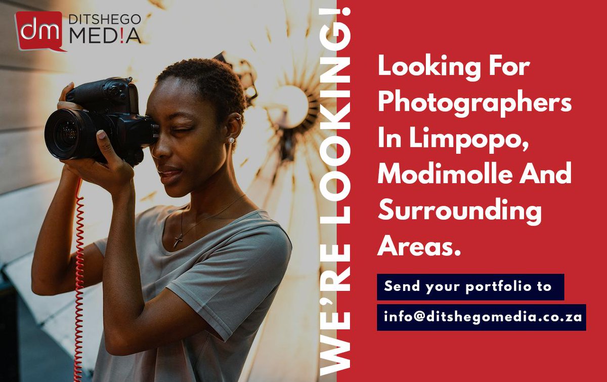 Opportunity: We're urgently looking for a professional photographer who is based in Modimolle, Limpopo or surrounding areas. Please send us your CV and portfolio to info@ditshegomedia.co.za

(Closing date: Wednesday, 20 August)