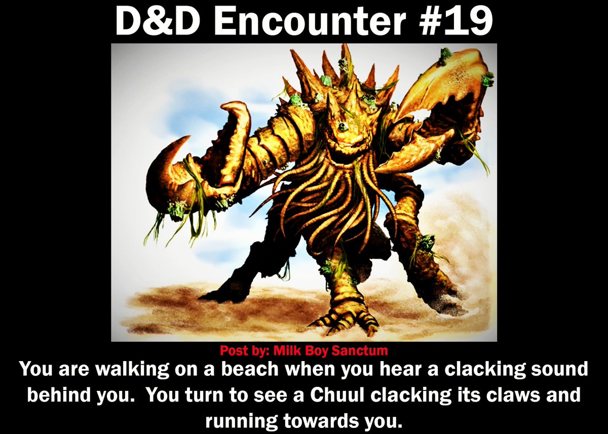 BoySanctum's tweet photo. Here's a #dndencounter for you. We hope you like it. 😀
#dnd #dnd5e #dungeonsanddragons #dungeonsndragons #5e #ttrpg #ttrpgs #tabletoprpg #tabletopgaming #tabletopgames #tabletopgame #chuul #monster #monsters #rollforinitiative #rollinitiative #aberration #dndencounters https://t.co/ocZB4lzWIb