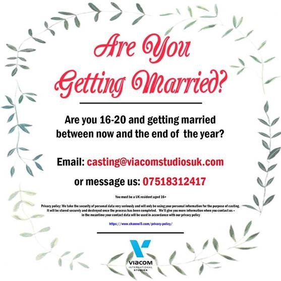 Brand New TV SHOW ...GETTING #MARRIED THIS YEAR? Are you under 20? We're just looking to hear your amazing stories at this stage - no pressure to film. We're in the initial research stage and want to chat! Get in contact!