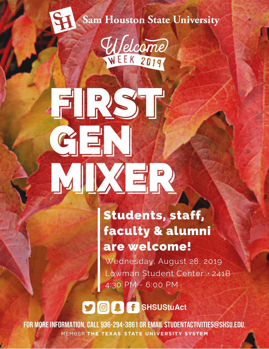 Students1st_AZ's tweet photo. Did you know that 55% of SHSU students are First Gen? This event is a great opportunity to meet other First Gen students, faculty, staff, alumni, and allies. I’m #FirstGen and look forward to seeing you there! #FirstGenDean @SHSU_CHSS https://t.co/RdmSqI7NwC