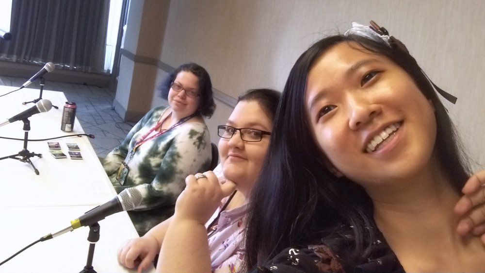 The VN dev Q&A panel with Elaine, Ashe, and Ayu.