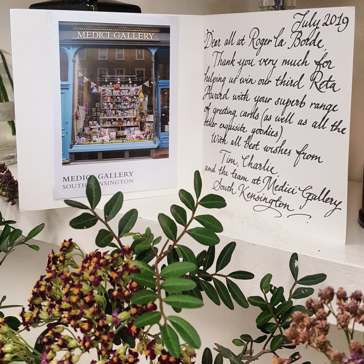 rogerlaborde's tweet photo. A wonderful card from our brilliant stockist, The Medici Gallery in London's beautiful South Kensington. Their Reta retail awards are very well deserved and we thoroughly recommend you pop in the next time you find yourself in the area. #londonshops https://t.co/FqRvN8OoNM