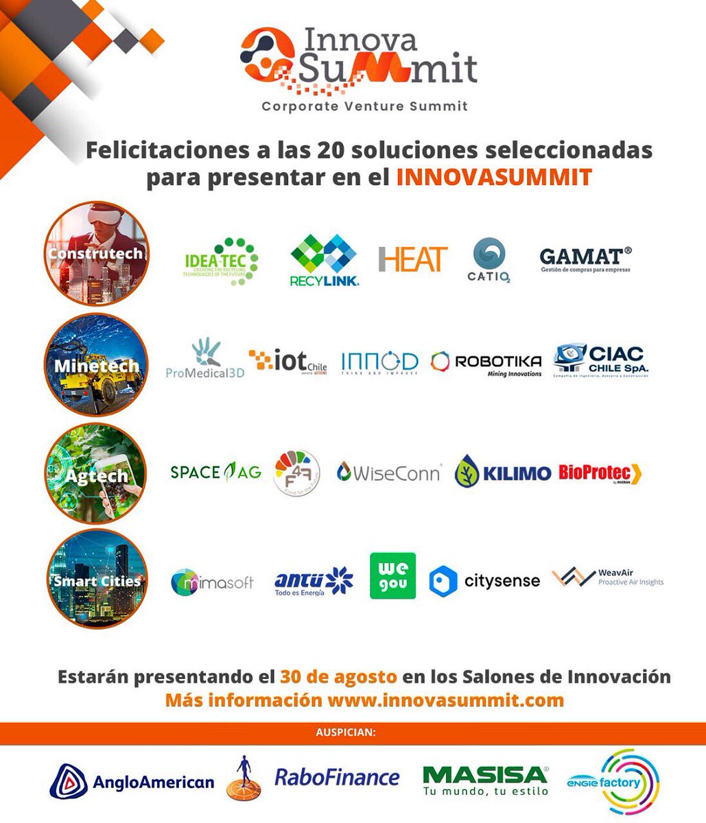 Innova360cl's tweet photo. Les dejamos las 20 #soluciones seleccionadas para nuestro #InnovaSummit en #Agricultura #Smartcities #Minería y #Construcción
Felicitaciones!
Más info y tickets en https://t.co/TyXI6R8wGa
#cvc #emprendimiento #Construtech #Minetech #AgTech #Smartcities #Fintech #innova360 https://t.co/zlPiIEaxEq